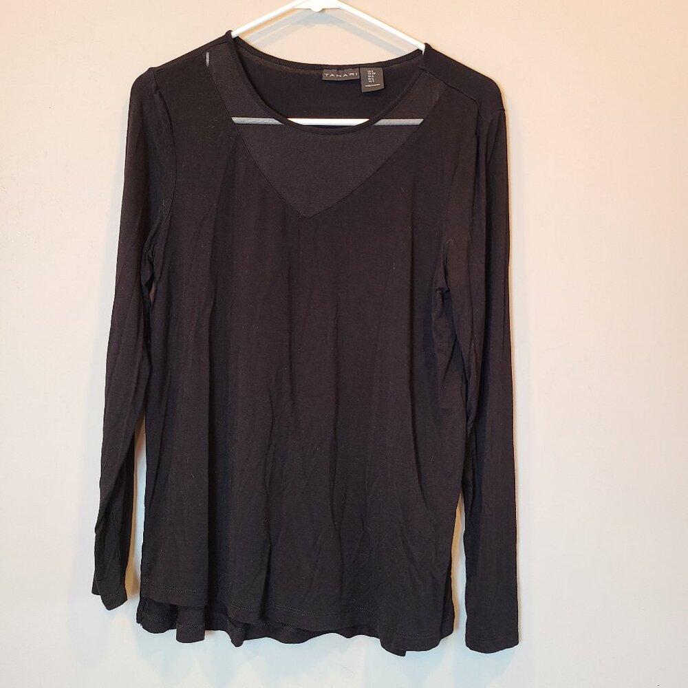 Tahari Shirt Long Sleeve Mesh V Neck Womens Small Black